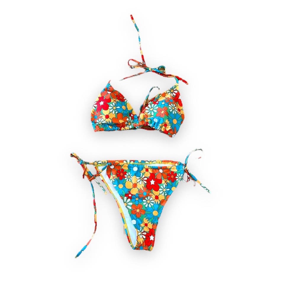 NEW vivid colors strings floral print two pieces swimsuit flattering bikini Sz L